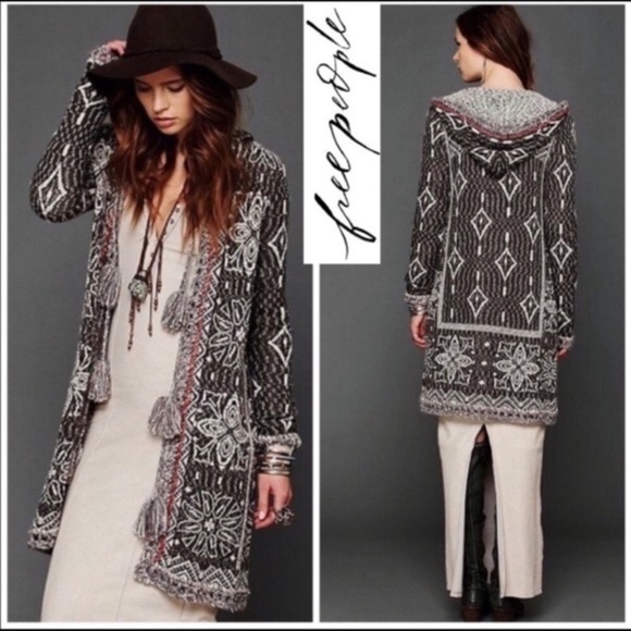 Free People Kai Open Front Tie Tassel Pom Boho Hooded Long Cardigan XS - Picture 1 of 5